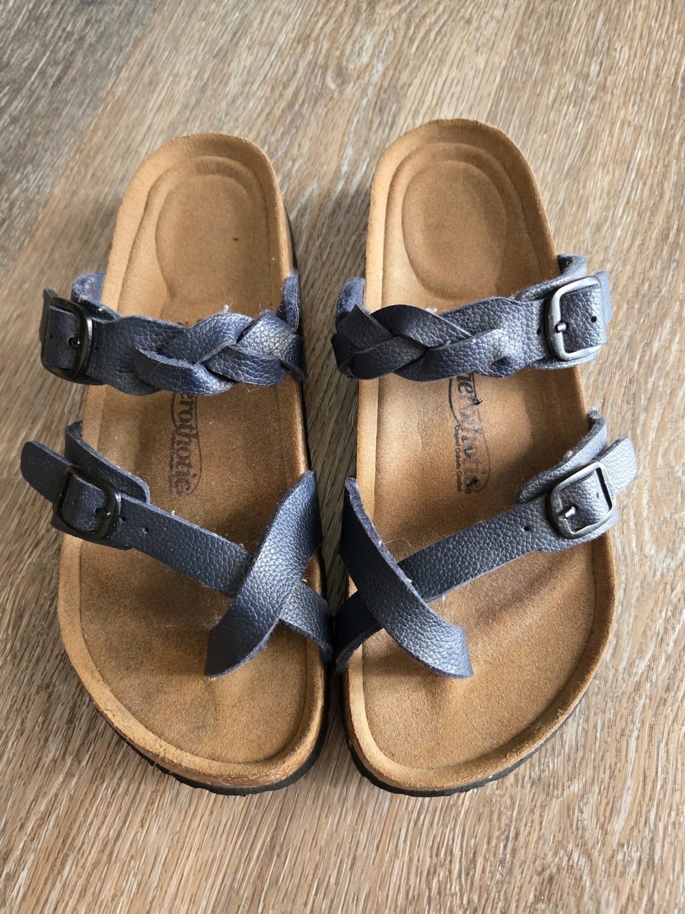Navy Blue Braided Toe Loop Sandals, Areothotics